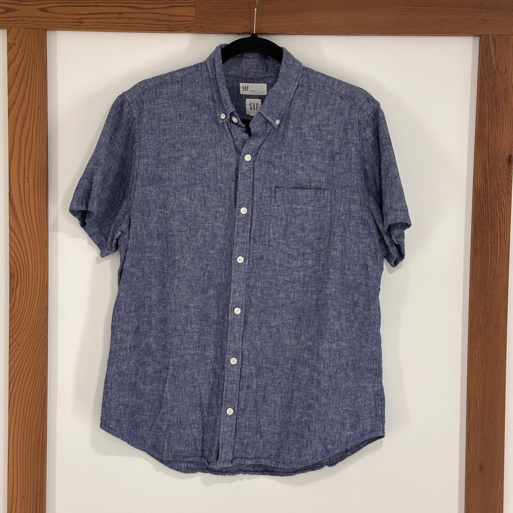 Gap Linen Cotton Blend Short Sleeve Shirt Mens Large Blue Slim Fit | Coastal - Picture 1 of 7